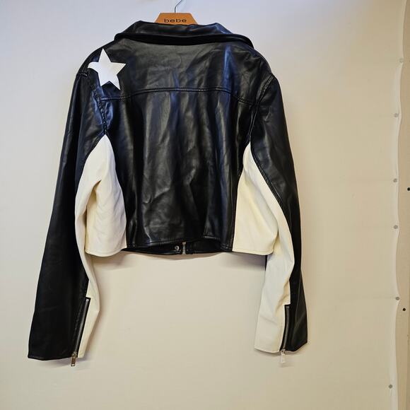 Forever 21+ Black and White Faux Leather Jacket Size 3X NWT Stars Casual Goth - Picture 2 of 12